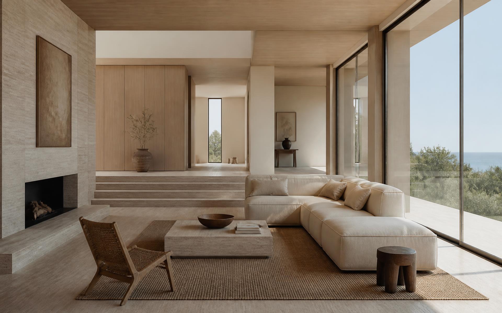 Minimal villa living space with travertine floors and full-height glazing