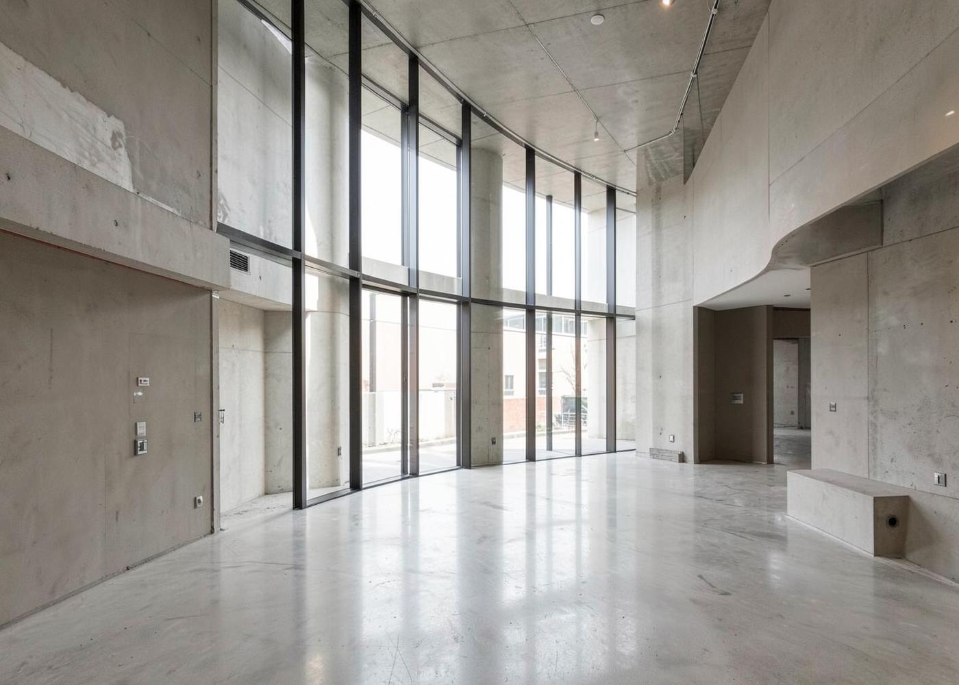 Commercial interior at shell-and-core stage with tall glazing